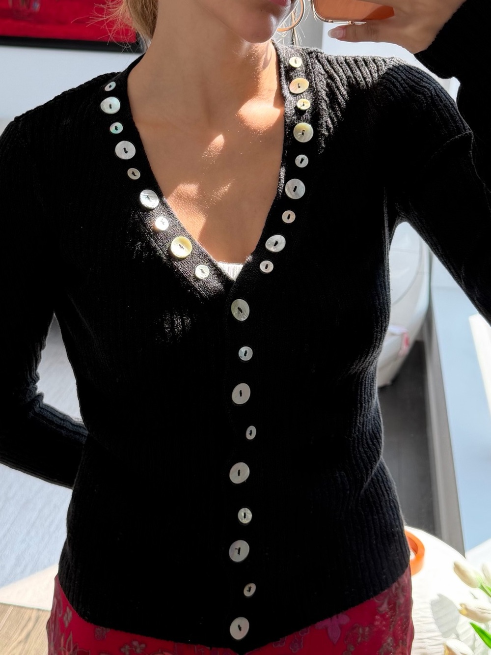 STAUD Black Ribbed Pearl Button Cardigan Sweater | XS